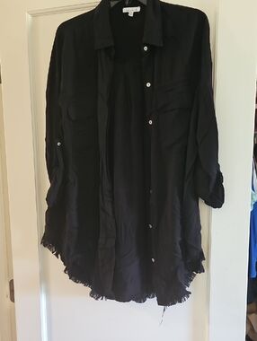white birch Black Fringe-Hem Button Front Shirt Jacket